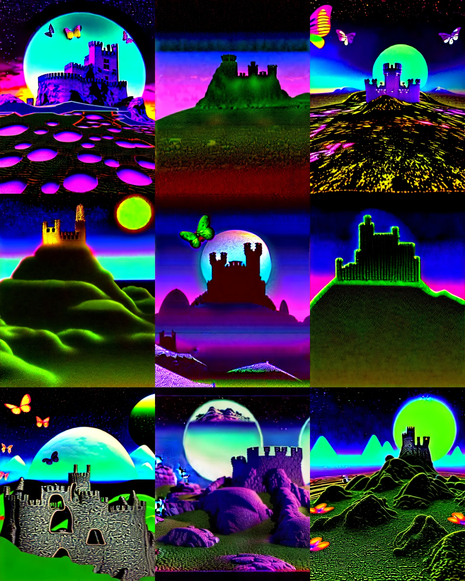 Prompt: 3 d render of cybernetic mountain landscape with castle ruins with an alien silhouette against a psychedelic surreal background with 3 d butterflies and 3 d flowers n the style of 1 9 9 0's cg graphics against the cloudy night sky, lsd dream emulator psx, 3 d rendered y 2 k aesthetic by ichiro tanida, 3 do magazine, wide shot