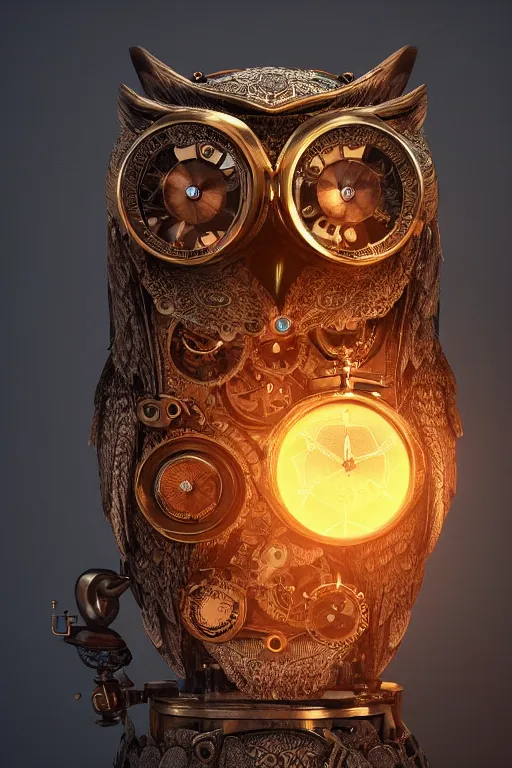 Image similar to steampunk owl pocketwatch, intricate detail, volumetric lighting, epic composition, hyper detailed, ultra realistic, sharp focus, octane render, himalayan rocksalt lamp, blue moon, volumetric, ray tracing, artstation trending, cgsociety, sense of awe, swirling mist, 4 k