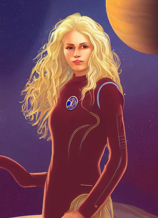 Image similar to young Plejaden woman with wavy blonde hair in a retro spaceship with large windows lands on mars, detailed digital art, trending on Artstation