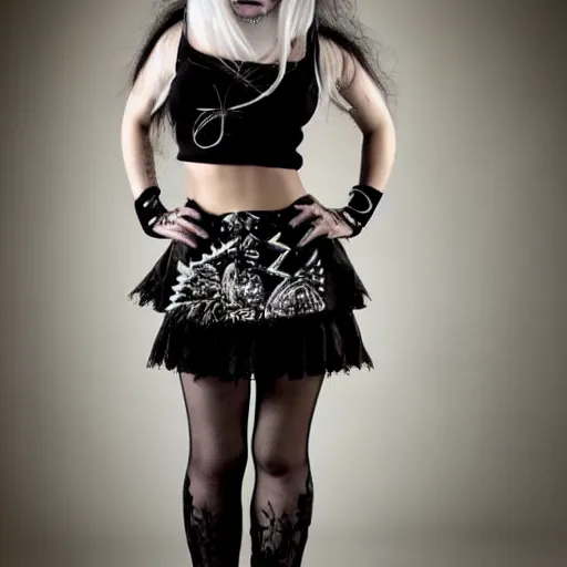 Image similar to kerli koiv goth girl in mini skirt and crop top, intricate, extremely detailed, modeling photography, teen