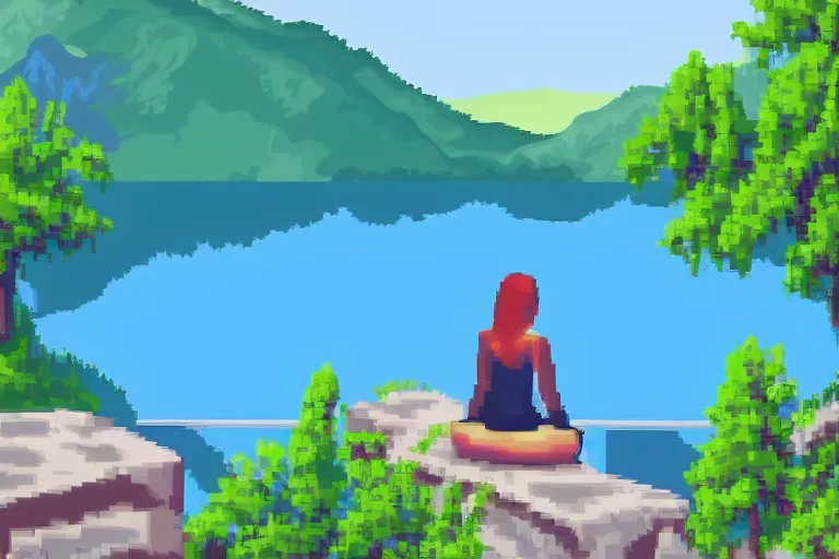 Prompt: a girl on the terrace of a house by a mountain lake during the day, deep view, pixel art