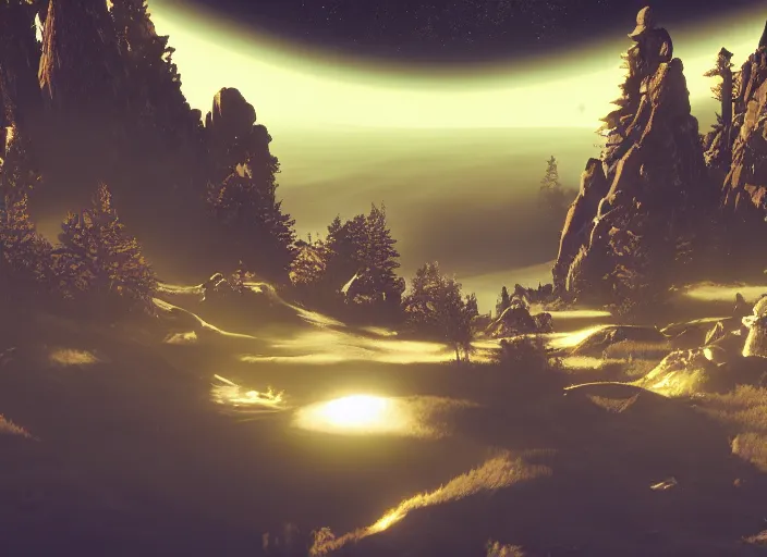 Image similar to No Man's Sky scenery, black forest, navy undertones, blue moons, Unreal Engine, 4k