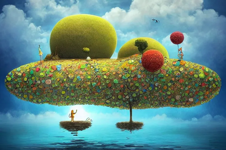 Prompt: surreal glimpse into other universe, floating island in the sky, sky, sea, wind, happy giraffe, summer morning, very coherent and colorful high contrast, art by!!!! gediminas pranckevicius!!!!, geof darrow, dark shadows, hard lighting