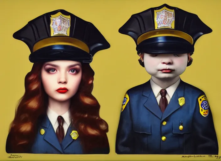 Image similar to a donut wearing a cop hat, lowbrow, matte painting, 3 - d highly detailed, in the style of mark ryden,