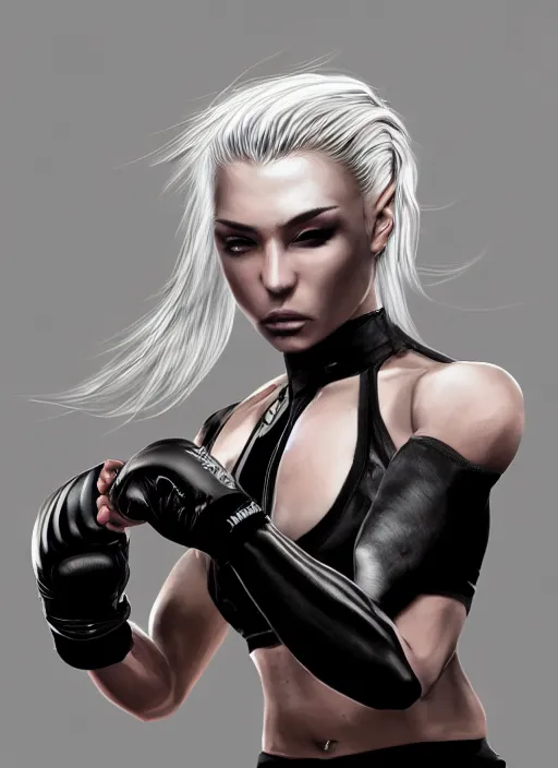 Image similar to a highly detailed illustration of fierce ponytail platinum blonde woman wearing black mma gear and gloves, dramatic boxing stance pose, fairly muscular, athletic, intricate, elegant, highly detailed, centered, digital painting, artstation, concept art, smooth, sharp focus, league of legends concept art, WLOP