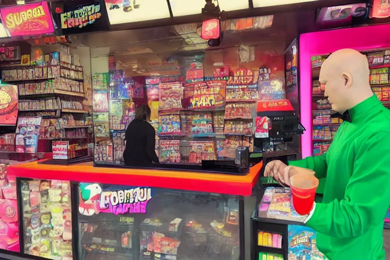 Image similar to agent 4 7 ordering a slurpee at 7 1 1, y 2 k sanriocore