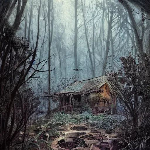 Image similar to dilapidated broken down shack, hidden away within the witchwood forest, evil fairies, overgrown, mist, rotting, detailed intricate ink illustration, dark atmosphere, detailed illustration, hd, 4k, digital art, overdetailed art, concept art, by greg rutkowski, by loish, complementing colors, Trending on artstation, deviantart