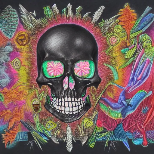 Prompt: a blend of death and life, color pencil drawing, maximalist, black background
