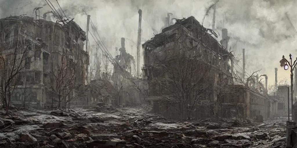 Image similar to A ghoul roaming an abandoned russian factory as concept art for Metro Exodus, winter season, abandoned, ruined buildings, oil painting, painting by Viktor Vasnetsov, concept art, fantasy cityscape, brutalist architecture, painting by Ivan Shishkin, hyperborea, high resolution, trending on artstation,