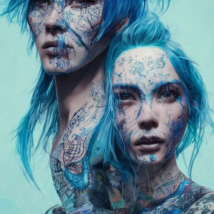 Image similar to portrait of alternative model with tattoos and blue hair. intricate abstract. intricate artwork. by Tooth Wu, wlop, beeple, dan mumford. octane render, trending on artstation, greg rutkowski very coherent symmetrical artwork. cinematic, hyper realism, high detail, octane render, 8k, iridescent accents