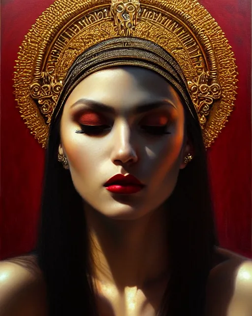 Image similar to portrait of a beautiful goddess, enigmatic beauty, dominant shades of black, gold silver, dark red, white, head in focus, ornamental aesthetics, intricate, elegant, highly detailed, hyperrealistiic painting, artstation, concept art, painterly, sharp focus, illustration, art by karol bak