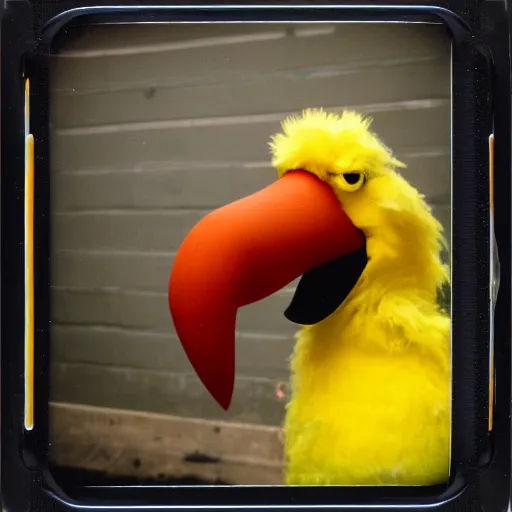 Prompt: horrifying corrupted rotten Big Bird captured on polaroid