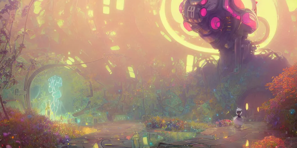 Prompt: a dreamy otherworldly 3 d render of anthropomorphic cyborg rodent on pathway to castle, studio ghibli, pixar and disney exploded - view drawing, sharp, disney octane render splatter paint vray by shinji kimura and alphonse mucha and alena aenami, maximalist pastel color palette, ( ( bloom ) ), dramatic lighting