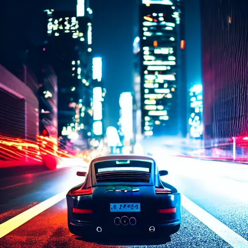 Prompt: photo of a porsche 9 1 1 at night in a city, cinematic, 4 k, long exposure photography, tokyo drift, fast and furious, film still, night photography, motion blur, lens flare, movie shot, light trail, distortion, wide angle, reflections