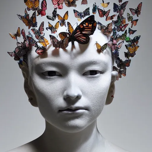 Prompt: full head and shoulders, beautiful female white, award - wining porcelain sculpture, with lots of colorful butterflies attached to head by yoshitaka amano, daniel arsham and sandra chevrier, on a white background, delicate facial features, white eyes, white lashes, high - resolution, perfect composition