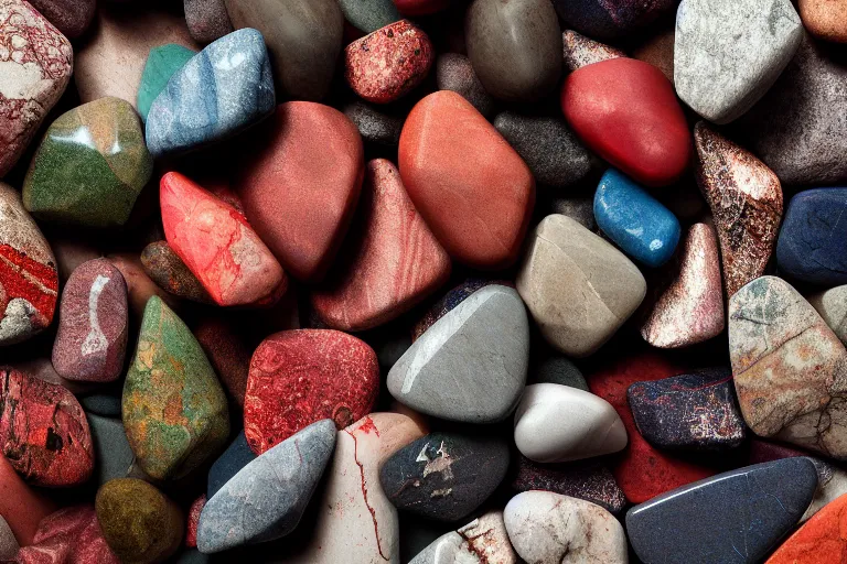 Prompt: octane render of beautiful jasper stones, shades of red, dark green, dark blue, beautiful raw jasper, gallery display photograph, ambient lighting, intricate light, detailed