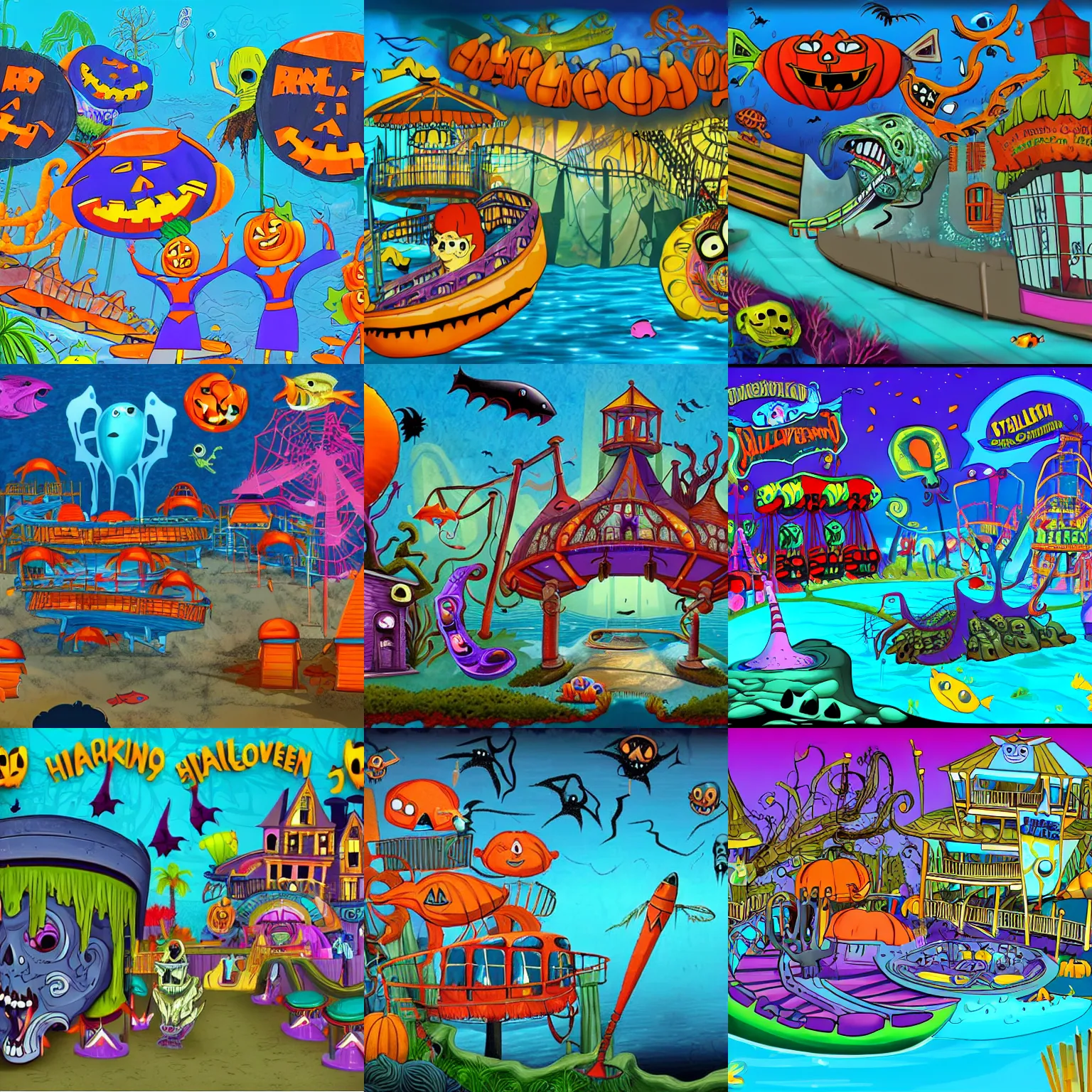 Prompt: screenshot for a cartoon that takes place on a horror based suburban underwater amusement park that incorporates darker halloween and ocean elements in its design imagery and features wacky housing, halloween decorations, atlantis, shipwrecks, spooky, amusement park attractions, deep sea, horror themed, fun, in the style of stephen silver