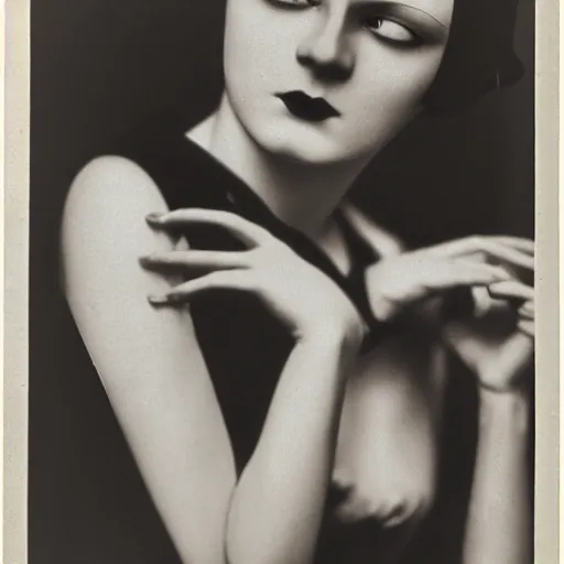 Prompt: photograph of a woman wearing weimar berlin fashion, 1 9 2 0's, looking at the camera, aesthetic, elaborate, intricate, highly detailed, detailed face, photorealism, smooth, sharp focus, rim light, art by man ray,