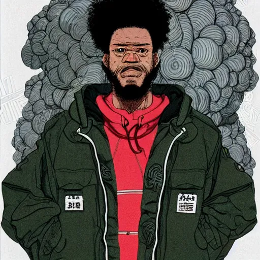 Image similar to illustration by katsuhiro otomo, black man with afro hair, raspy beard stubble, wearing an adidas army green jacket, in the streets of tokyo, akira style, by katsuhiro otomo