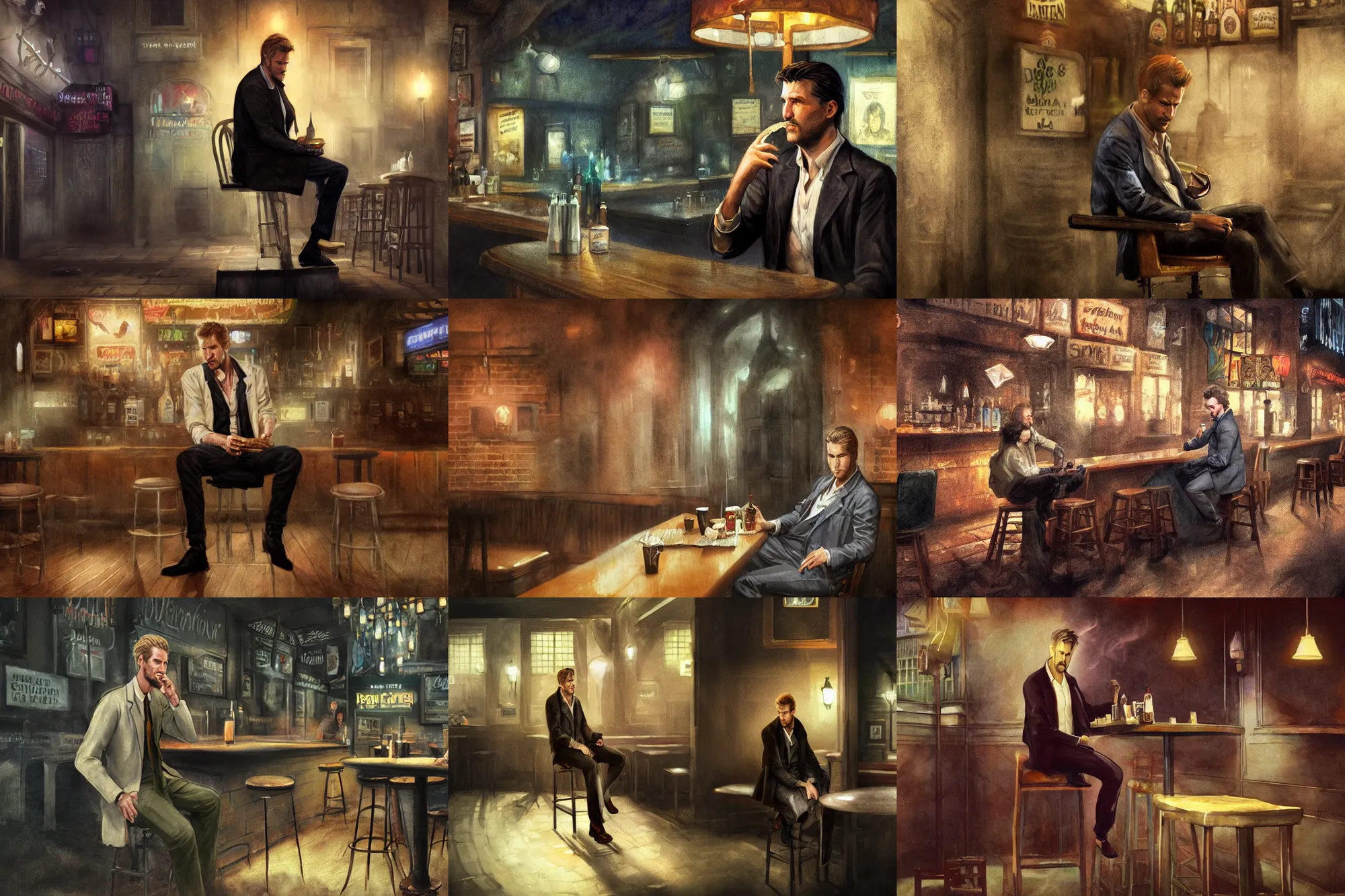 Image similar to matte painting character illustration of john constantine sitting down on a barstool at a dive bar in london eating a sandwich, digital painting, illustration, constantine, john singer sargent, amazing values, 8 k, magical creatures in the background, watercolor texture, gothic, octane render,