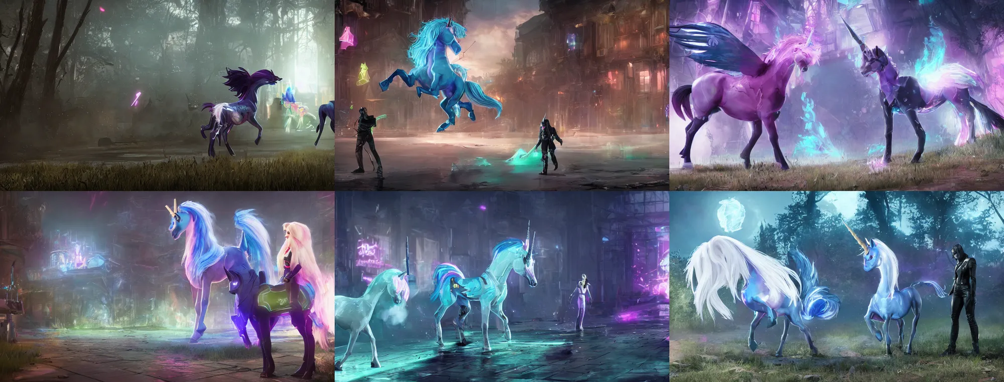 Prompt: Phantom Dust gameplay screenshot, with two unicorns from my little pony, Unreal Engine 5 (2022) by Ismail Inceoglu