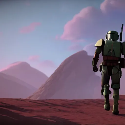 Prompt: Boba fett walking towards Slave 1, pixar style, beautiful lighting, Unreal engine