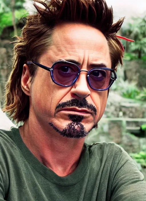 Image similar to a full portrait photo of robert downey jr holiday in bali, f / 2 2, 3 5 mm, 2 7 0 0 k, lighting, perfect faces, award winning photography.