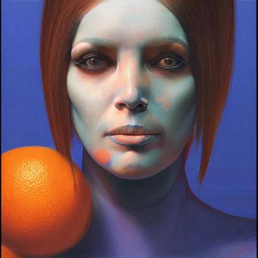Image similar to frontal portrait of a woman with an orange and blue maximalist garment, by wayne barlowe