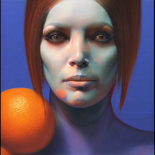 Prompt: frontal portrait of a woman with an orange and blue maximalist garment, by wayne barlowe