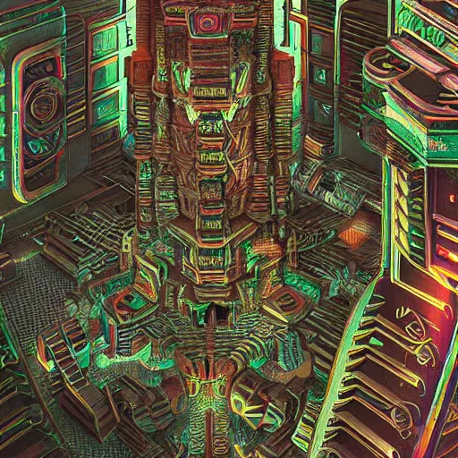 Prompt: Mayan temples merged with cyberpunk futuristic aesthetic 4k highly detailed intricate engravings of esoteric symbols