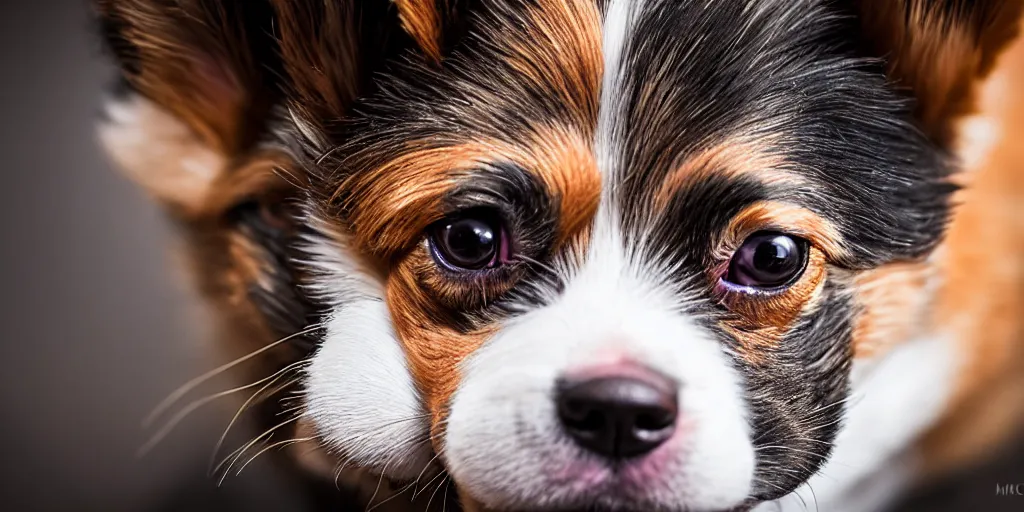 Image similar to a zeiss 8 5 mm f 1. 4 close up photo of a cute steampunk corgi puppy shot by steven mccurry