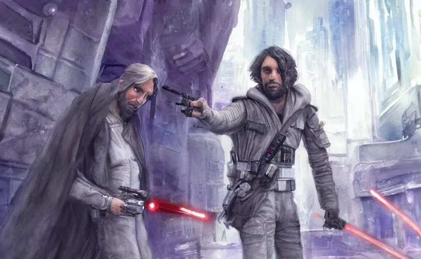 Image similar to a realistic star wars watercolor fantasy concept art of chris d'elia as a drug dealer in a sleazy futuristic city of coruscant, hq, 4 k