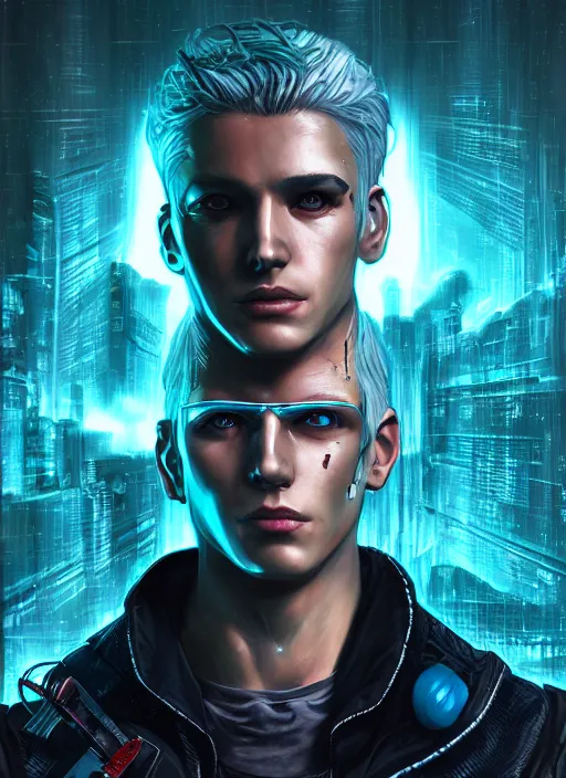 Prompt: an epic fantastic realism comic book style portrait painting of cyberpunk assassin, teal energy, young beautiful blonde male teenage boy, silver hair, d & d concept art, unreal 5, daz, hyperrealistic, octane render, cosplay, rpg portrait, dynamic lighting