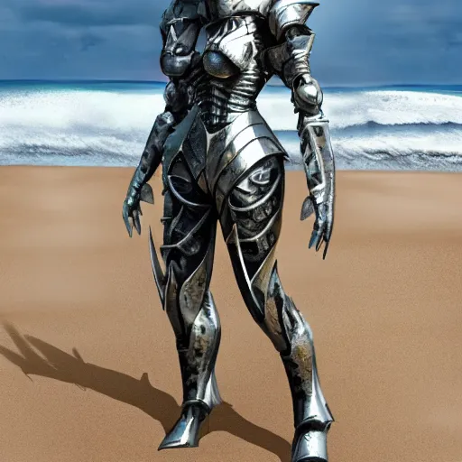 Image similar to chest up shot, realistic detailed stunning beautiful armored humanoid robot anthropomorphic female dragon, looking to the side with an elegant pose of hand on hip, smooth and streamlined armor and design made of steel, sharp claws and sharp teeth, high quality head, Slick LEDs, on the beach during sunset, high quality, cinematic art, sci fi, sunset lighting, 3D render, 8k, artstation, deviantart, furaffinity