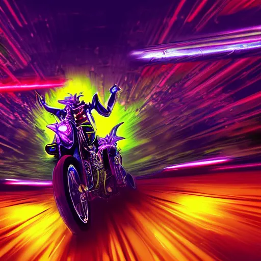 Image similar to psychedelic blacklight neon airbrush artwork, motorcycle, hyper stylized cinematic action shot of an orc racing on a motorcycle, menacing orc, drifting, skidding, wheelie, clear focused details, soft airbrushed artwork, black background, post apocalypse, cgsociety, artstation