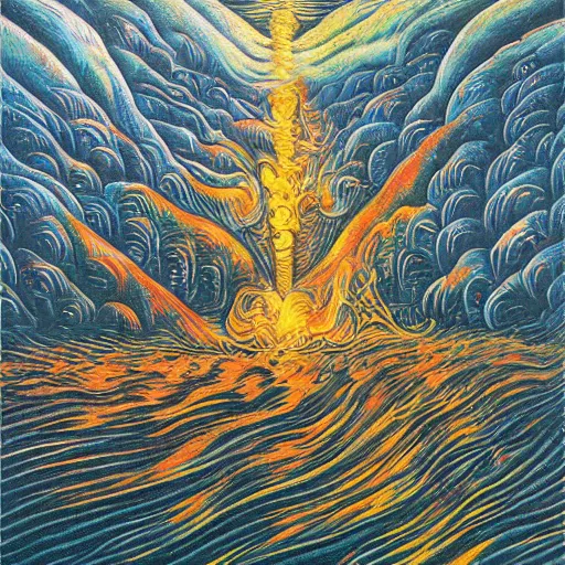 Prompt: water, fire, fog, surreal by dan mumford and umberto boccioni, oil on canvas