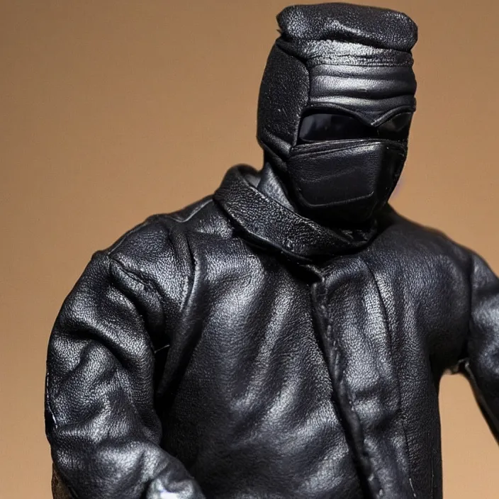 Image similar to kanye west using a face covering black mask with small little holes, a black shirt, a yeezy gap blue round jacket and big black rubber boots, a hot toys figure of kanye west using a black mask with small little holes, a black shirt, a yeezy gap blue round jacket and big black rubber boots and big black rubber boots, figurine, detailed product photo