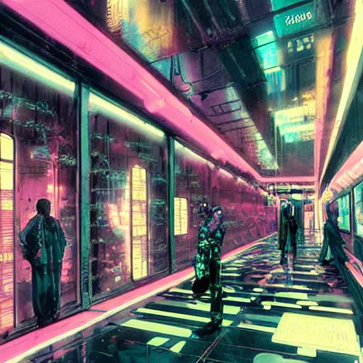 Prompt: cyberpunk inner gallery, iridescent tv repair shops, cybernetic body parts shops, pink noir matte painting by raoul ruiz, yoji shinkawa and esao andrews