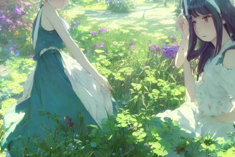 Image similar to a depressed digital art, loli in dress, garden, green and warm theme, blue accents, back lighting, highly detailed, 4 k resolution, trending on art station, by krenz cushart and mucha and akihito yoshida and greg rutkowski and makoto shinkai