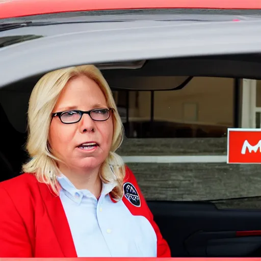 Prompt: angry liz cheney working as mcdonald's drive - thru employee