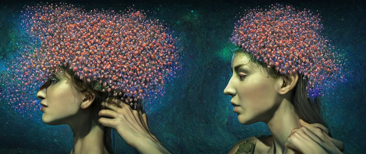 Image similar to hyper detailed 3d render like a Oil painting - Aurora (Singer) Eats of the Strangling Fruit and Her gossamer polyp blossoms bring iridescent fungal flowers whose spores black the foolish stars by Jacek Yerka, Mariusz Lewandowski, Houdini algorithmic generative render, Abstract brush strokes, Masterpiece, Edward Hopper and James Gilleard, Zdzislaw Beksinski, Mark Ryden, Wolfgang Lettl, hints of Yayoi Kasuma, octane render, 8k