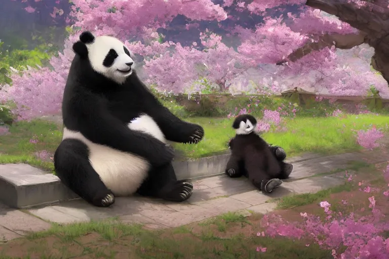 Image similar to panda chilling smoking weed, sakura trees, sakura season dynamic lighting, landscape, artwork by jeremy lipkin and giuseppe dangelico pino and michael garmash and rob rey and greg manchess and huang guangjian and makoto shinkai, pixiv, 1 0 0 mm