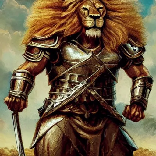 Prompt: a muscular lion wearing battle armor, holding a sword, standing on a bloody battlefield, full body, epic, fantasy, highly detail, art