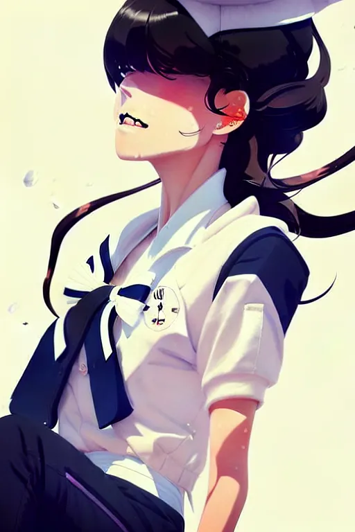 Image similar to a ultradetailed beautiful panting of a stylish woman wearing a sailor uniform, she has black hair, by conrad roset, greg rutkowski and makoto shinkai, trending on artstation