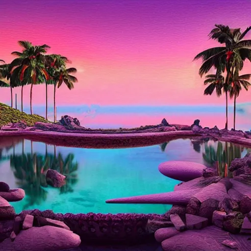 Image similar to geometric 3d masterpiece, hyperrealistic surrealism, award winning masterpiece with incredible details, epic stunning, infinity pool, a surreal vaporwave liminal space, highly detailed, trending on ArtStation, broken giant marble head statue ruins, calming, meditative, pink arches, flowing silk sheets, palm trees, very vaporwave, very very surreal, sharp details, artgerm and greg rutkowski and alphonse mucha, daily deviation, IAMAG