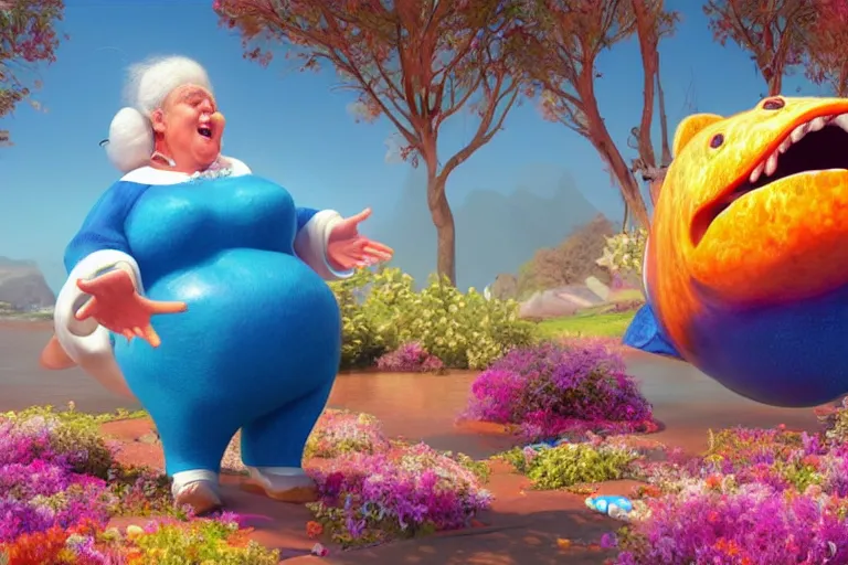 Image similar to of a very beautiful scene. ambient occlusion render. a sweet fat old woman is dancing with a huge colorful fish. hyper realistic. 4 k. wide angle. wild happiness. symmetrical face, red mouth, blue eyes. deep focus, lovely scene. ambient occlusion render. concept art. artstation. unreal engine.