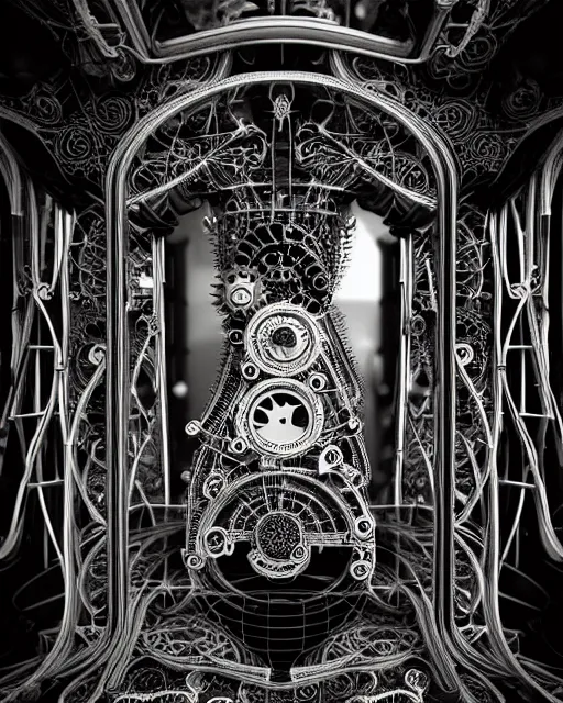 Prompt: mythical black and white organic bio-mechanical computer. highly detailed, intricate steampunk ornate, poetic, 3D render, digital art, octane render, 8K artistic photography, photo-realistic, by Dora Maar