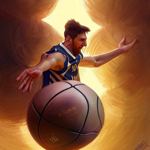 Prompt: Messi dunking a basketball, D&D, fantasy, intricate, elegant, highly detailed, digital painting, artstation, concept art, matte, sharp focus, illustration, art by Artgerm and Greg Rutkowski and Alphonse Mucha