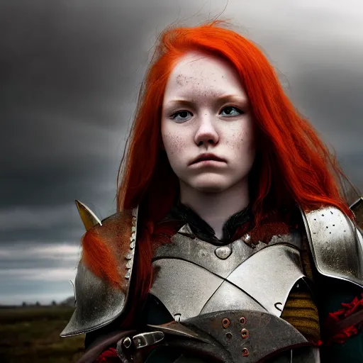 Image similar to north girl, warrior, red hair, fantasy, high detailed, photography, cloudy, lightweight armor, Scandinavia, plain, Authentic, detailed face, spear in hand