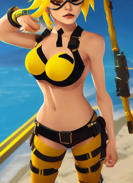 Image similar to tracer game character, in yellow bikini, blonde hair, black eyes, full height